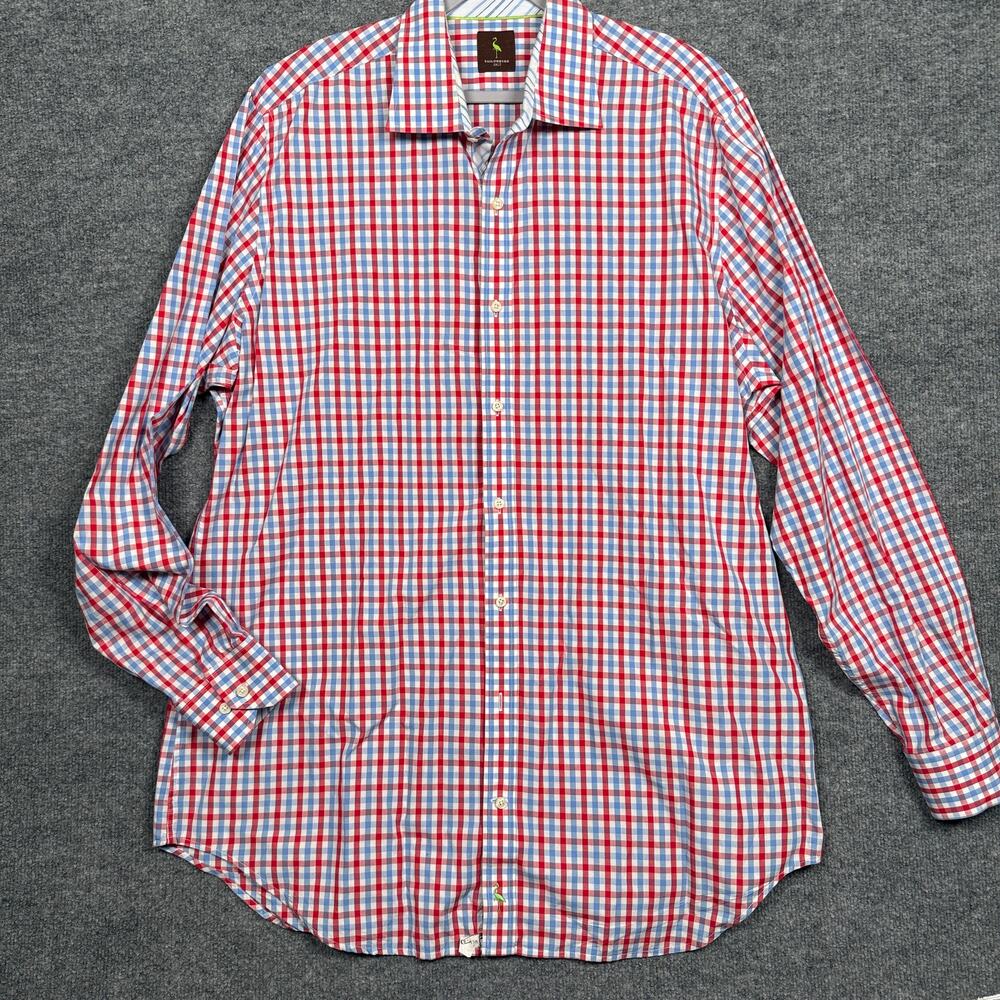 Tailorbyrd Mens Size 2XLT Gingham Button Up Shirt Red Blue Cotton Long Sleeves
